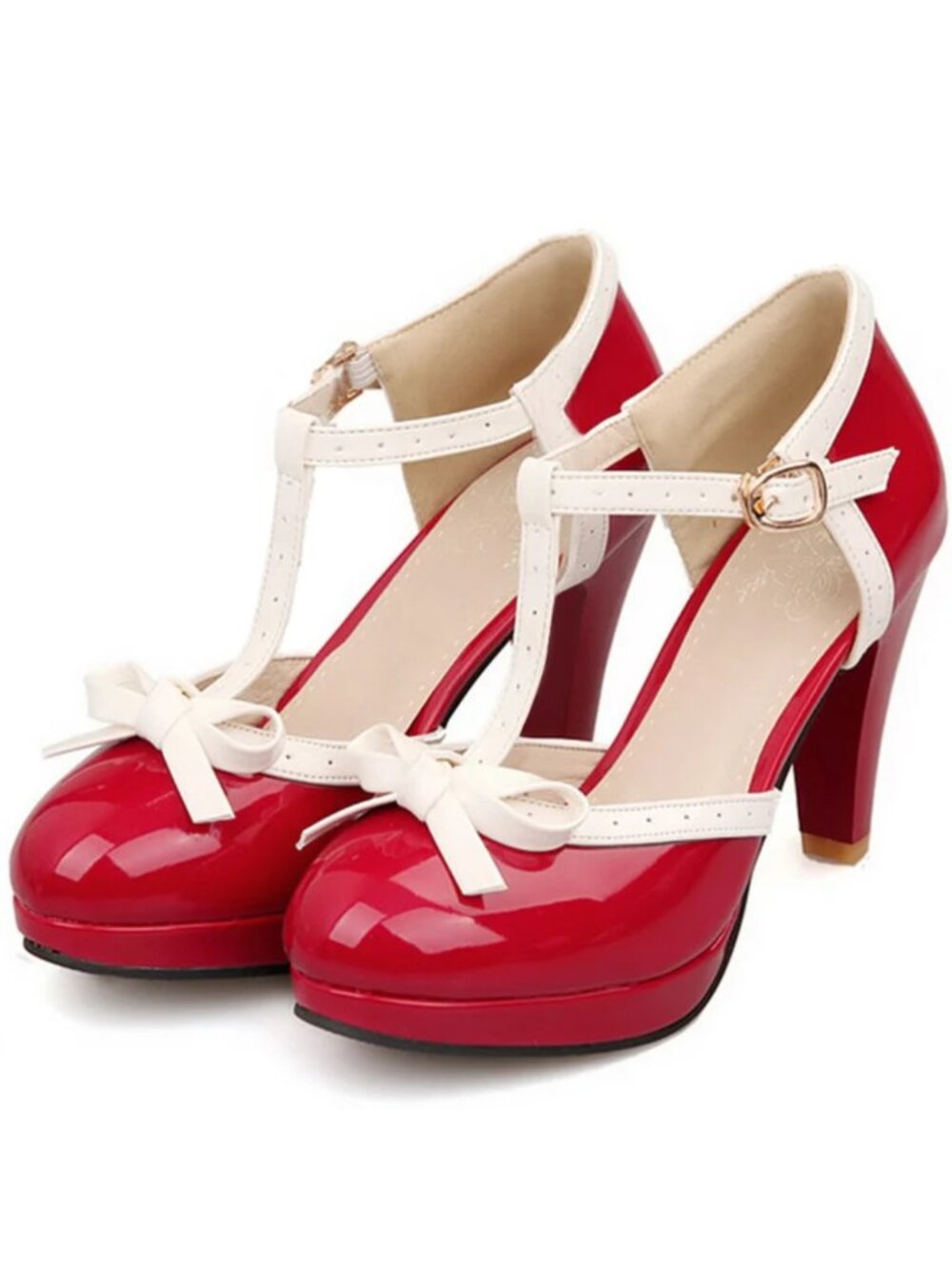 Vintage 1950's Style T-Strap Mary Jane Pumps Red & White Faux Patent Leather sz8